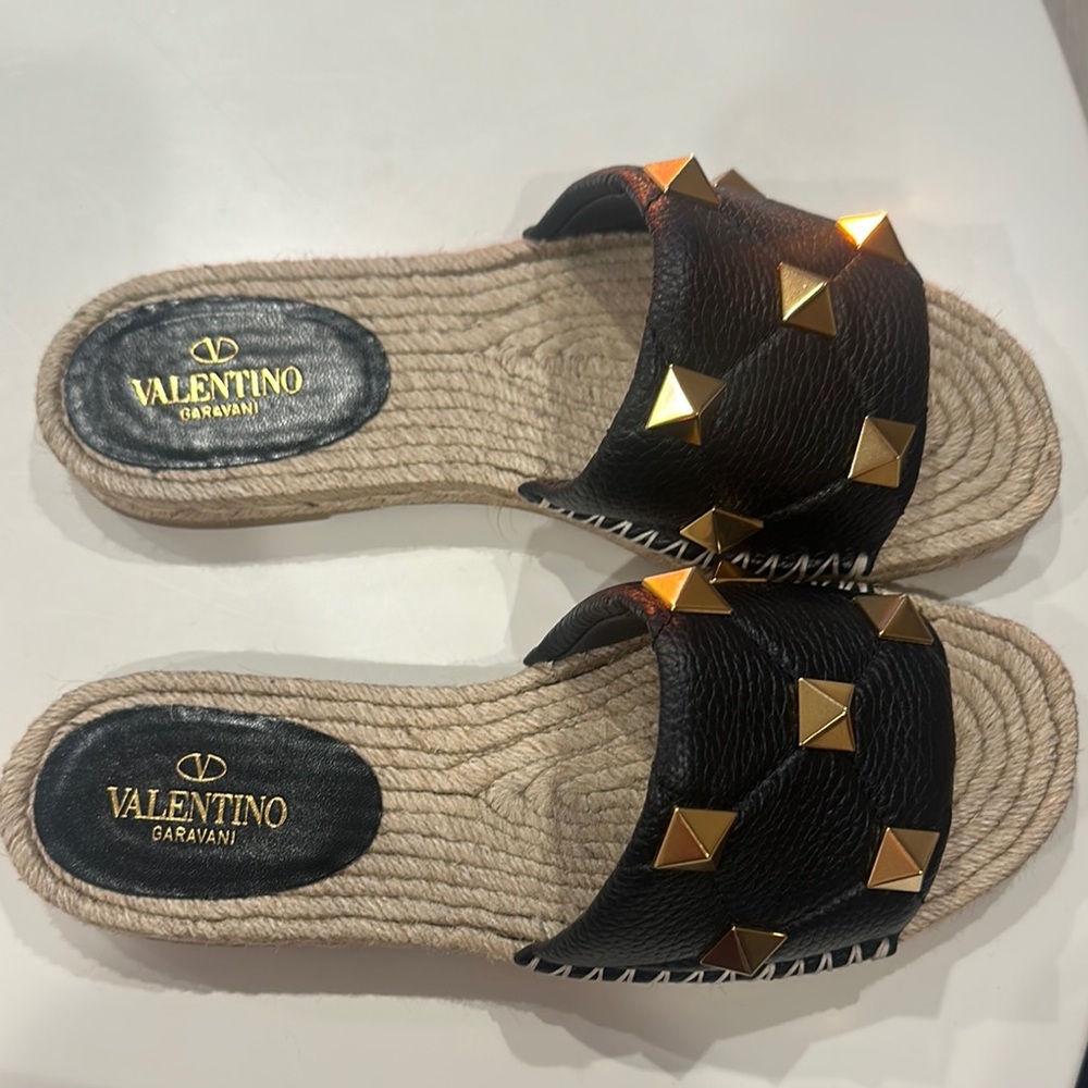Valentino Garavani Black and Gold Studded Sandals